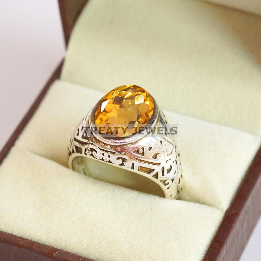 Citrin Oval geschliffener Edelstein mit 925er Sterling Silber Ring für Herren #A935 JL375669171647