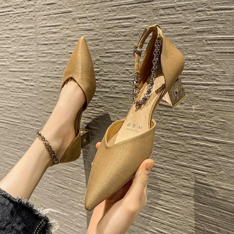 

H377-38 Black high heels thick heel 5cm pointed hollow high heels women s spring new one-word buckle single shoes low heel 39