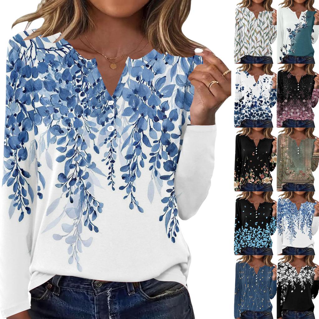 Damen Casual Mode T-Shirt, Vintage Blumendruck, Rundhalsausschnitt, Langarm-Oberteil.