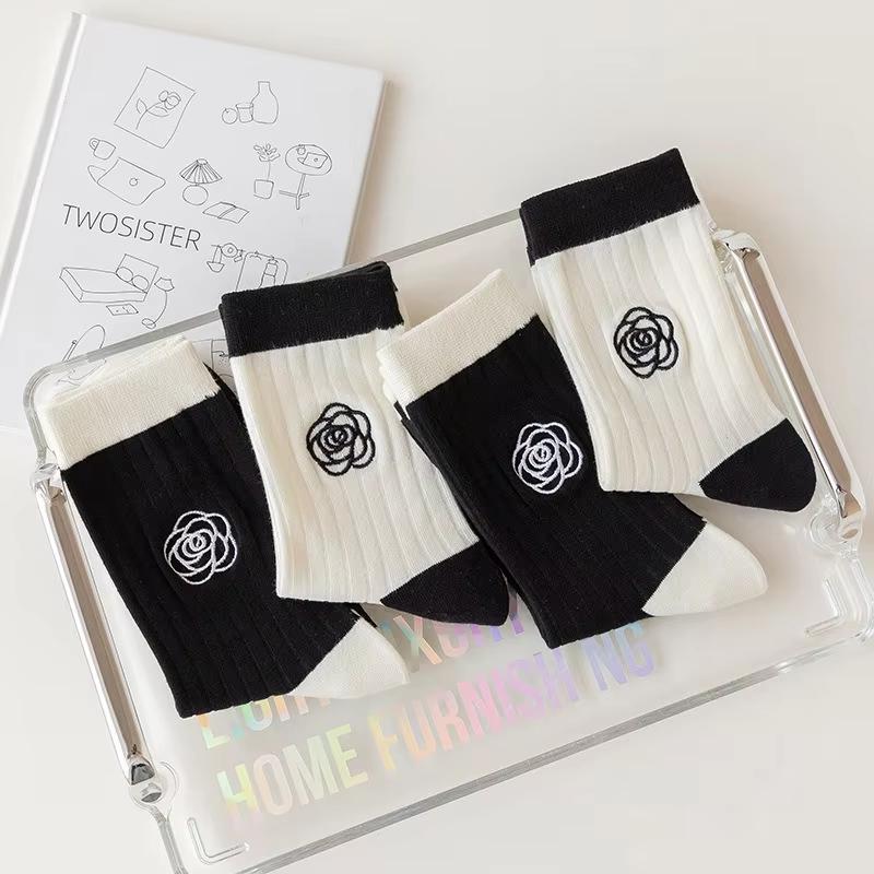 Sweet Lolita Flower Cotton Socks Japanese Camellia Rose Socks Women Girls Students Ins Skirt Matching Black White Mid-tube Sock