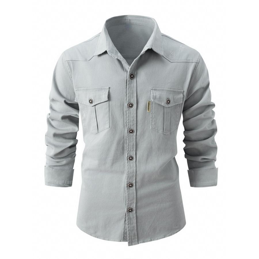 Autumn Winter European Size Lapel Pocket Buttons Shirt Men's Washed Elastic Pure Cotton Business Men Long Sleeve Shirts