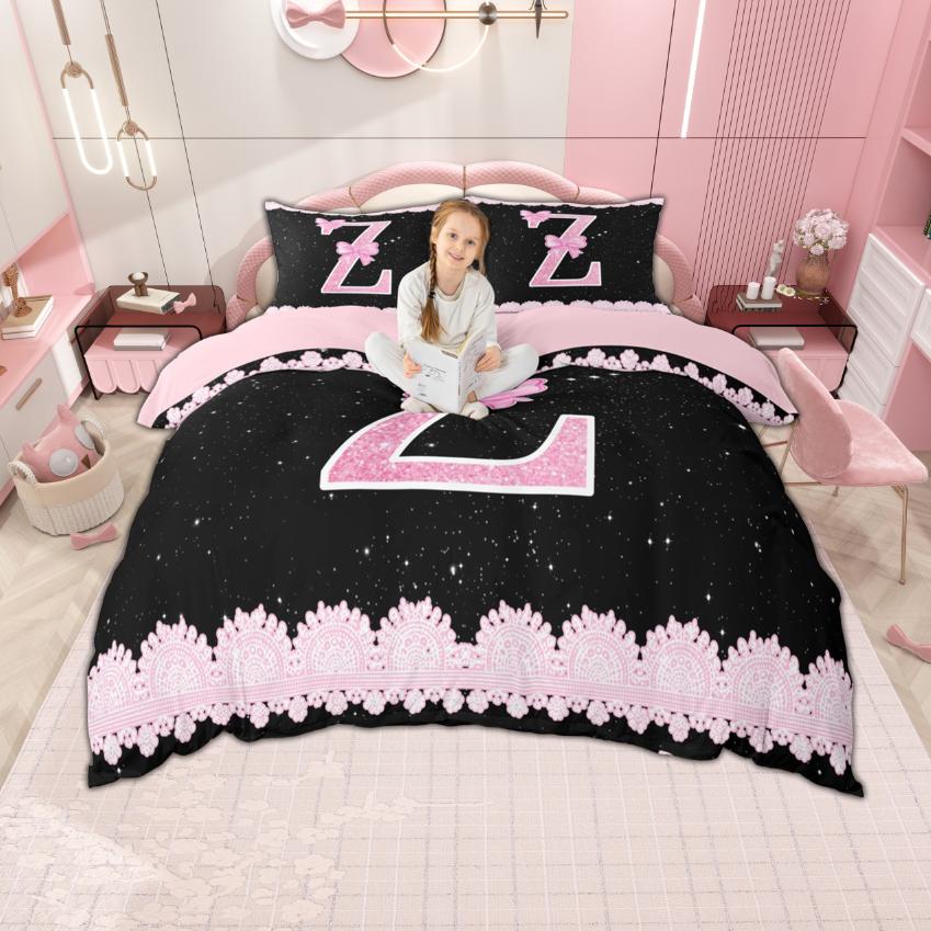 Homewish Personalized Initial M To Z Duvet Cover Set For Girl Black Pink Bedding Set Monogrammed Theme Bedroom Set Room Decor