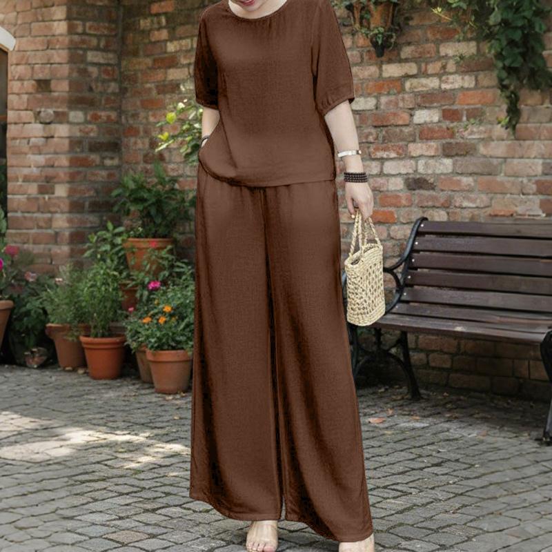 ZANZEA Kadın Kısa Kollu Bluz ve Pantolon Günlük İki Parça Takım Setleri