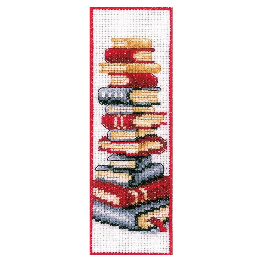 11CT Stamped Double-Sided Bookshelf Crossstitch Bookmark Art Projects 18x6cm Needlework Embroidery Craft Kit for Book Lovers