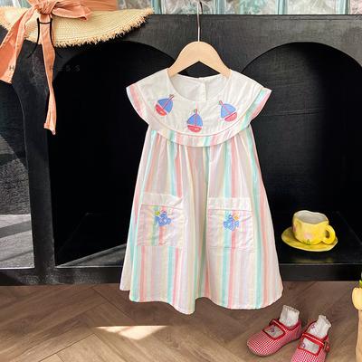 Kinderkleidung, farbig, gestreift, Segeln, bestickt, für Mädchen, Sommerkleid, marineblauer Stil, ärmelloses Babykleid