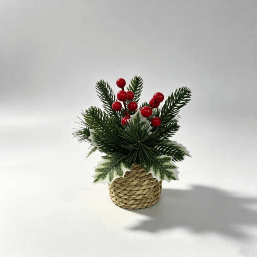Red Berry Faux Holly Pine Cone Ornament Woven Basket Christmas Mini Potted Plant Home Decor
