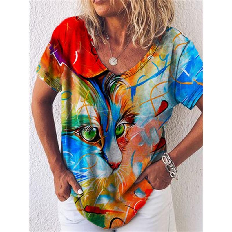 Women's Casual T-shirt Top New V-neck T-shirt Loose Short Sleeved 3D Digital Printed Cat Pattern T-shirt