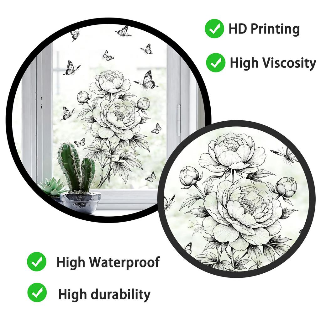 Creative Black White Sketch Line Art Peony Butterfly Static Cling Wall Sticker for Kitchen Bathroom No Glue Home Decor
