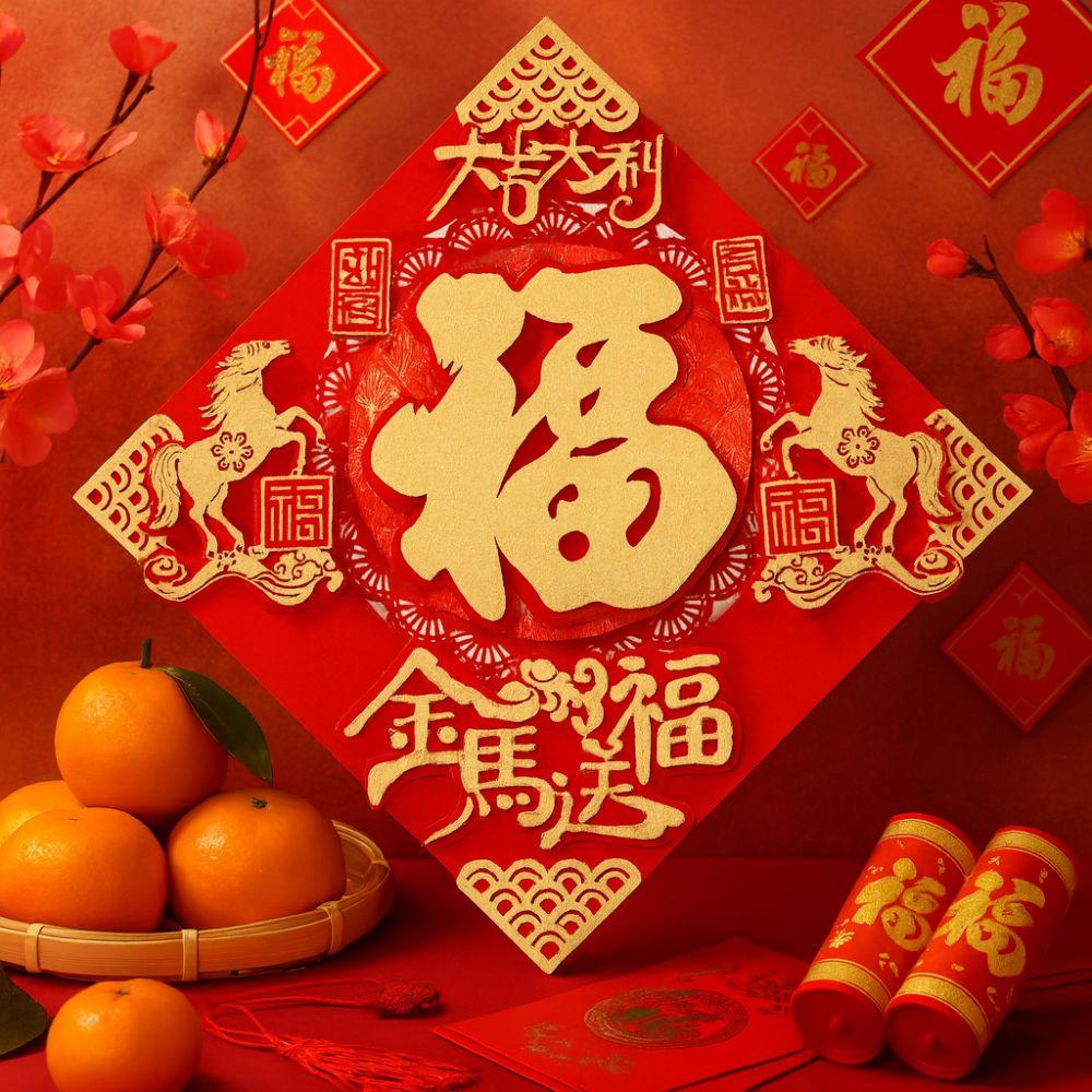 Traditional 2026 Horse Year Door Sticker Blessing Fortune Character Wall Window Decoration