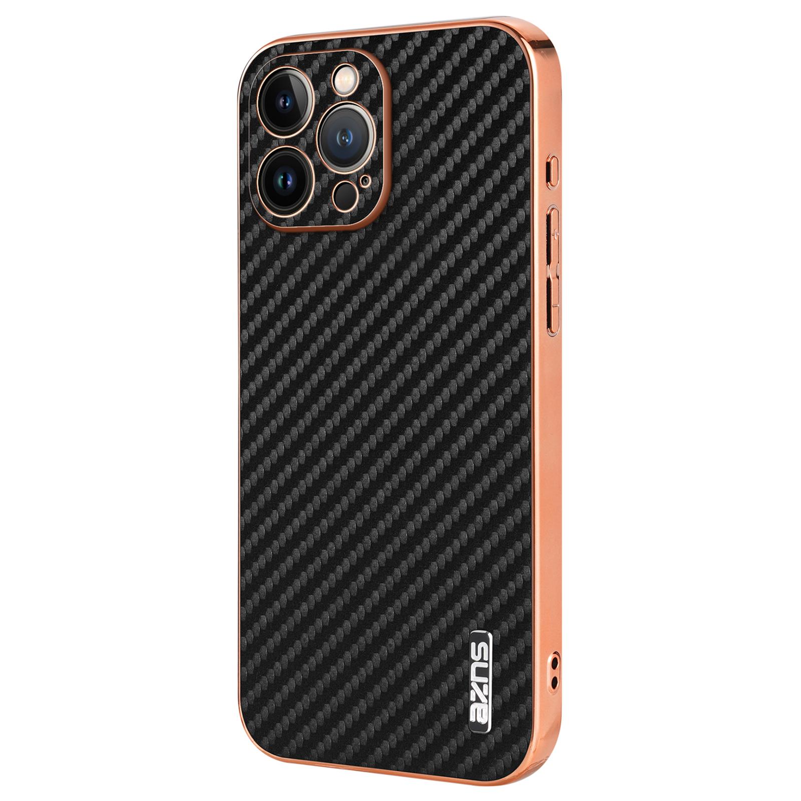 

AZNS For iPhone 13 Pro Max Case Electroplating Carbon Fiber Texture PU+TPU Phone Cover Black