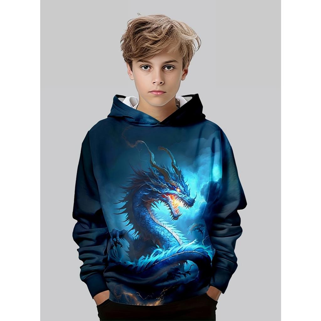 Boys' 3D Printed Casual Pullover for Spring, Autumn, Winter, Long Sleeved Sportswear, Boys' Outdoor Casual Hoodie Top