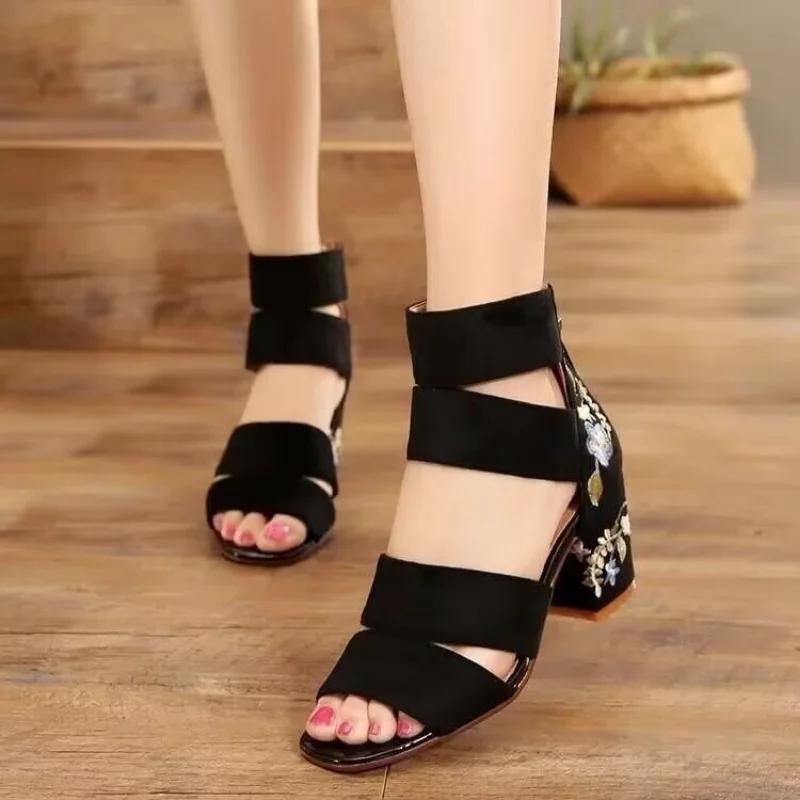 2025 New Shoes for Women Ankle-Wrap Women's Sandals Summer Black Embroidered Mid-heel Sandals Elegant Open Toe Square Heel Mujer