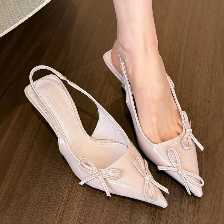 Bow Pointed Toe Women's Sandals Fad Elegant Shallow Mid Heels Shoes Spring Designer Pumps 2025 Trend Dress Sandalias De Mujer