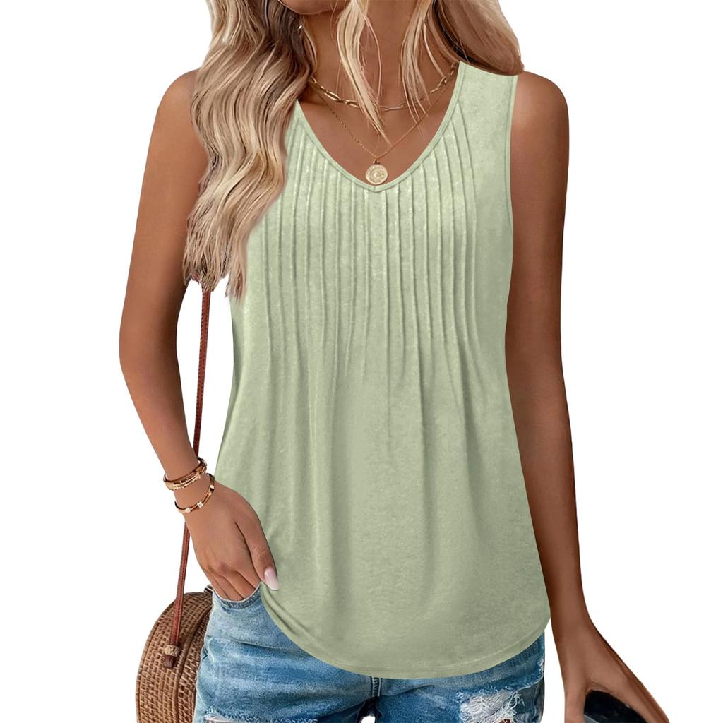Women Sleeveless V Neck Pleated Loose Fit Tank Top Lightweight Flowy Blouse Summer Casual Basic Vest Shirt for Daily Wear