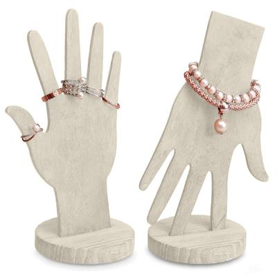 Tenedor de madera del soporte del anillo de la pulsera de la exhibición de la joyería de la forma de la mano, tenedor de madera de la exhibición de la joyería de la mano