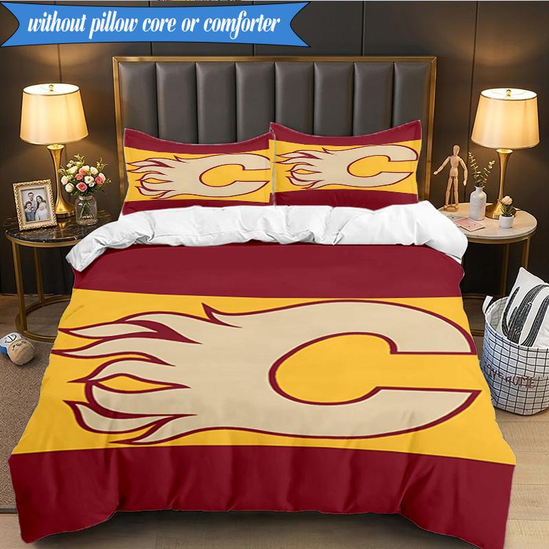 3PCS Flames Hockey Team Logo Bedding Set,Including 1pc Duvet Cover And 2pcs Pillowcases Perfect for Bedroom, Dormitory, Fan Christmas gift