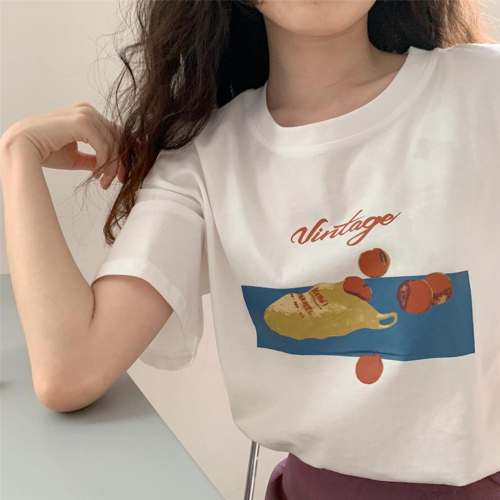 Women's Korean Style Heavyweight Cotton Short-Sleeve T-Shirt – White, Straight-Shoulder Design