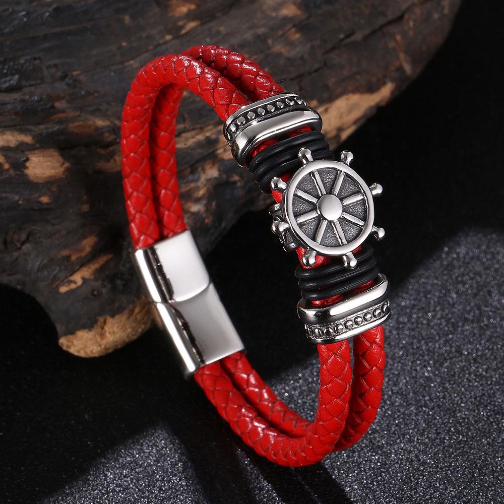 Pirate-Themed Stainless Steel & Leather Men s Bracelet - Best-Selling Punk Jewelry Customizable Size [Unlimited Quantity]