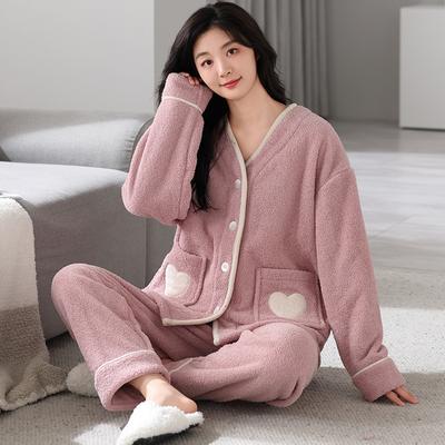 Autumn And Winter Pajamas Women'S Half Fleece Loungewear Fleece Thickened Coral Fleece Can Be Worn Outside Set