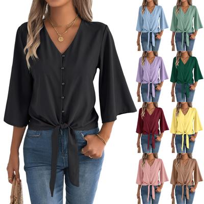 Women's Casual V-Neck Button-Down Three-Quarter Sleeve Knot-Detail Chiffon Blouse