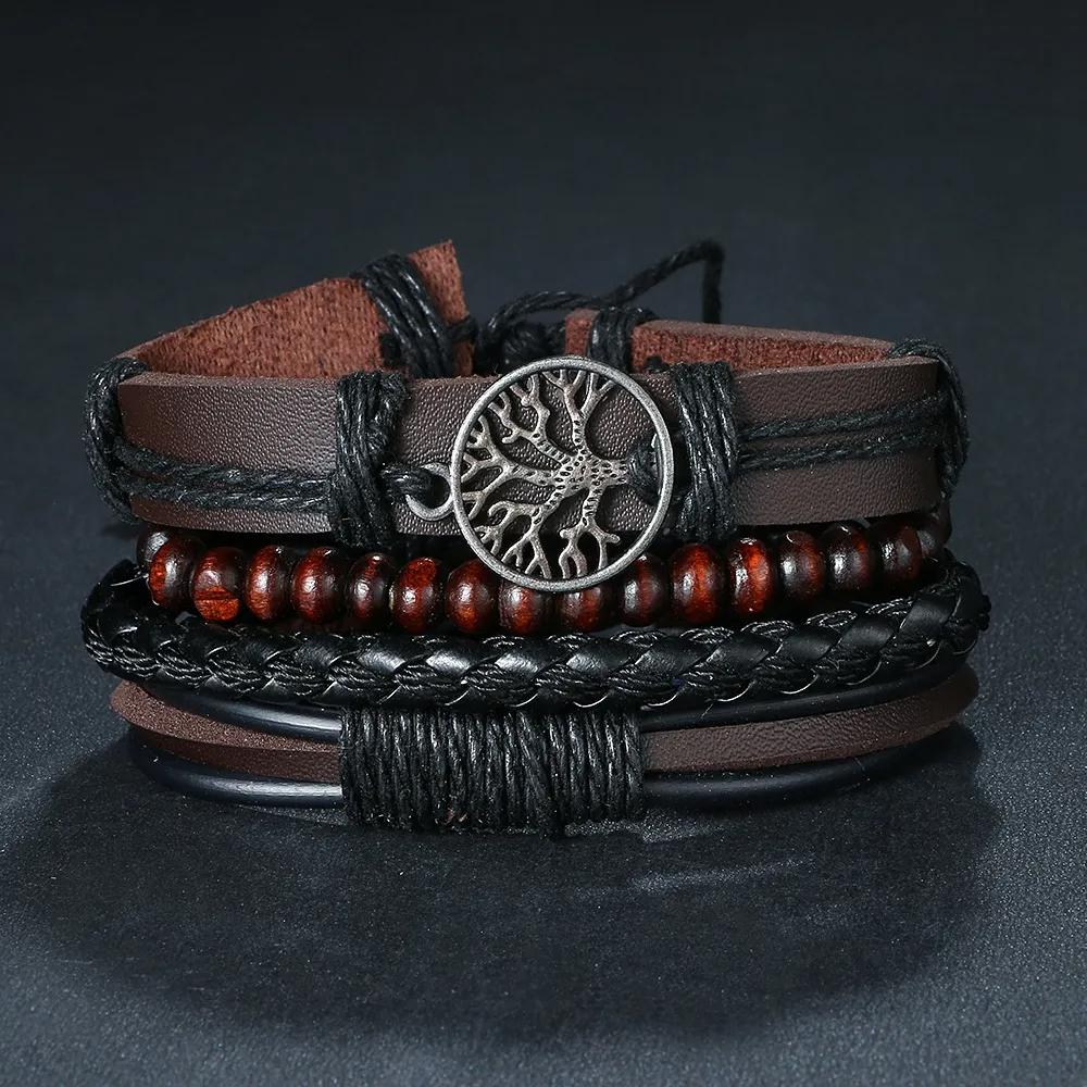 4Pcs/ Set Braided Wrap Leather Bracelets for Men Vintage Life Tree Rudder Charm Wood Beads Ethnic Tribal Wristbands