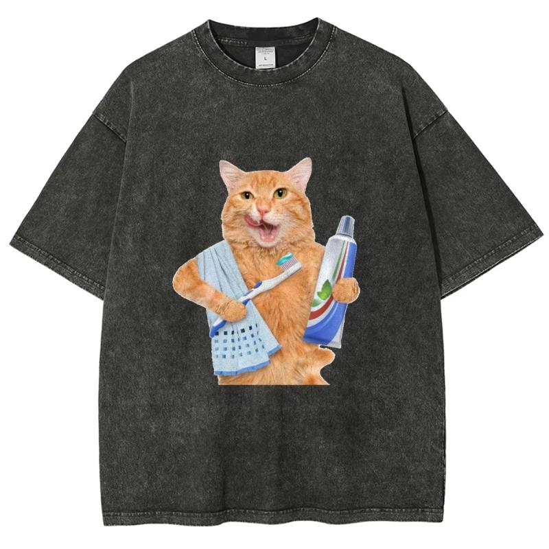 Funny Cat Design Print Washed T-Shirt Cooton Womens Summer O-Neck Oversized Tops Designer Trendy Casual Street Clothes