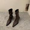 French temperament high-heeled thin short boots women's shoes 2025 new brown autumn and winter pointed stiletto boots small naked boots