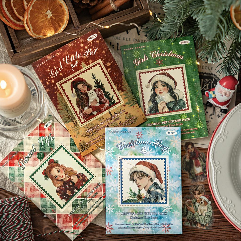 30pcs Retro Christmas Theme PET Stickers Creative Decoration DIY Junk Journal Scrapbook Aesthetic Material Craft Supplies