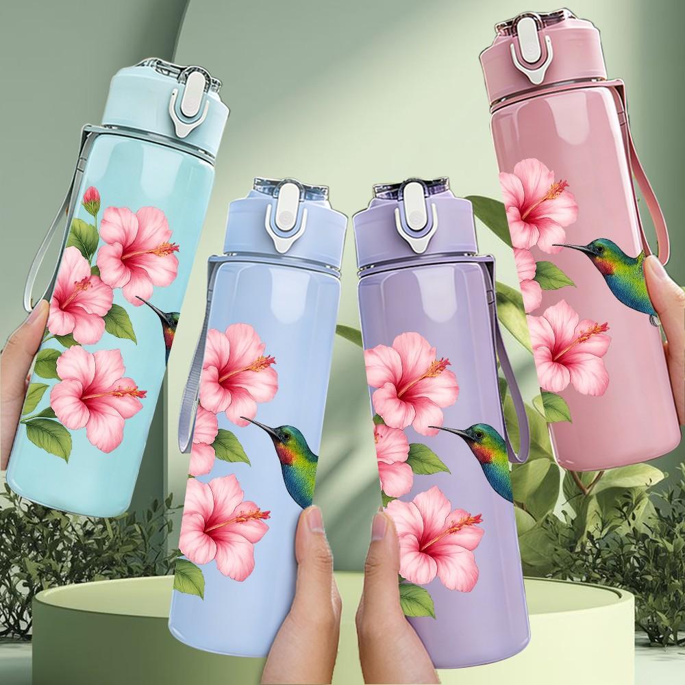 1PC Hummingbird Pink Cherry Blossom 750ml Color Plastic Sports Water Bottle Leakproof Flip Straw Lid For Sports Office Home Use