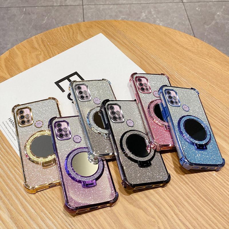 G30 G20 G10 Holder Ring Mirror Phone Case For Motorola Moto G10 G20 G30 G84 G54 G82 5G G52 G71S Soft 6D Plating Shockproof Cover
