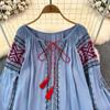 Retro Embroidered Shirt Top Female 2025 Spring Lace Up Tassel Loose Lantern Sleeves Ethnic Style Blouse Female