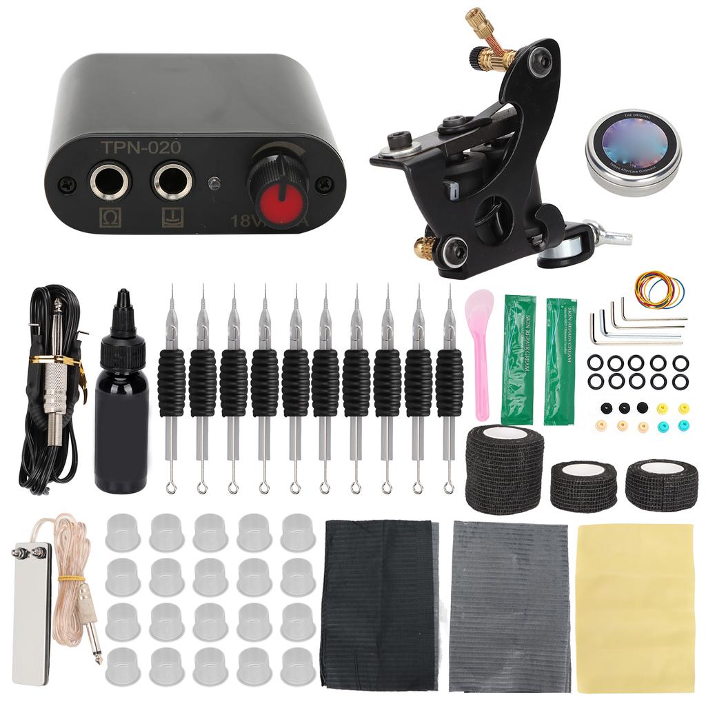 Coil Tattoo Machine Set Foot Pedal Practice Skin Tattoo Ink Power Supply Tattoo Kit for Beginner