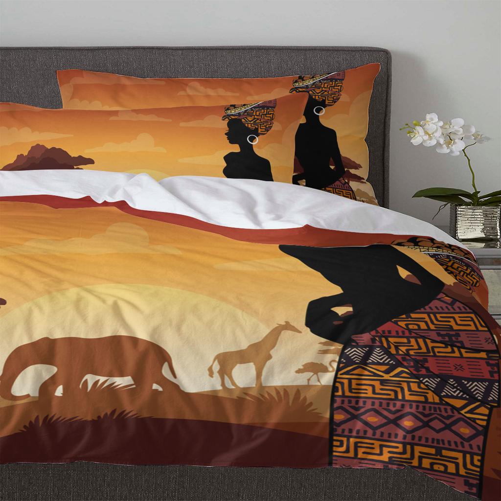 Afrika Frau Giraffe Elefant Silhouetten Bettbezug mit Kissenbezug 3tlg. Bettwäsche-Set Bettdeckenbezug Doppelbett Heimtextilien