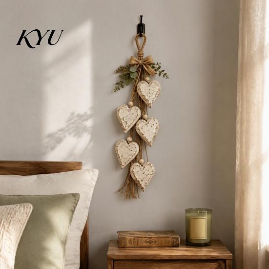 Boho Wooden Wall Decor Farmhouse Hanging Heart with 5 Layer Hearts, Vintage Wood Style Sign Trinket Shelf Art for Living Room Bedroom, Decoration And