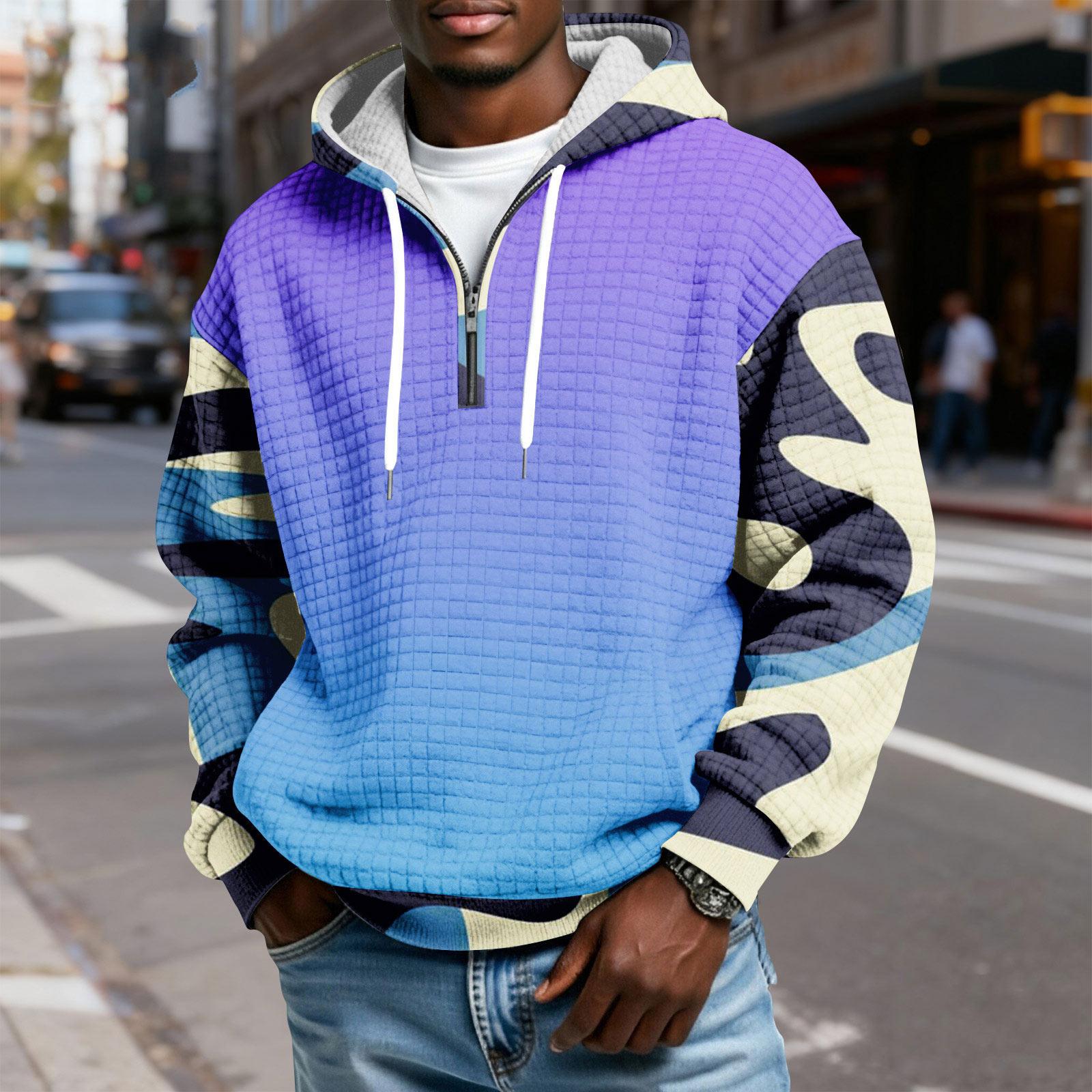 

Мужской худи-пуловер в клетку с капюшоном на молнии до середины, со шнурком и принтом, повседневная спортивная толстовка L фиолетовый
