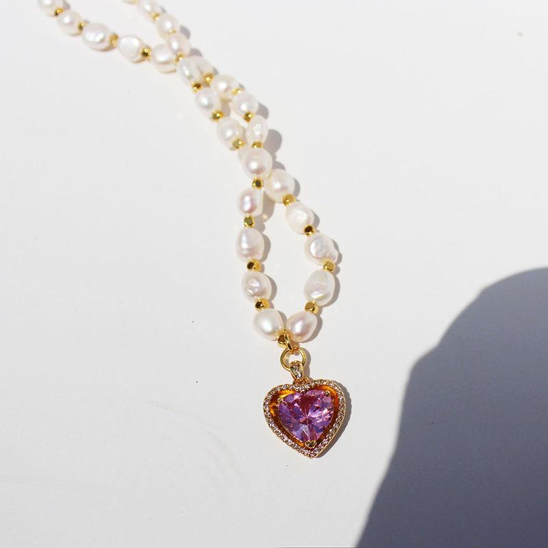 French Vintage Vintage Vintage Vintage Elegant Freshwater Pearl Red Love Necklace Peach Heart Zircon Tide
