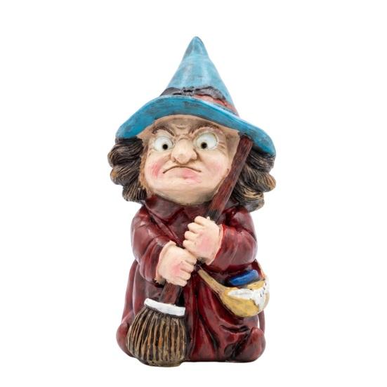 Halloween Themed Photography Prop Witch on Broomstick Resin Figurine, Gnome Statue with Wizard Hat, Decoration Vintage Spooky Decor for Shelf