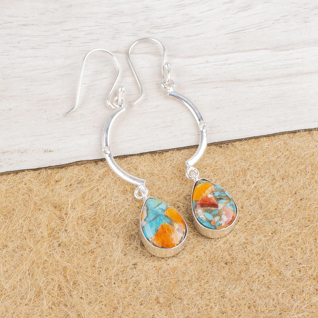 Spiny Oyster Gemstone Jewelry, 925 Solid Sterling Silver Handmade Designer Silver Earrings Gift For Women