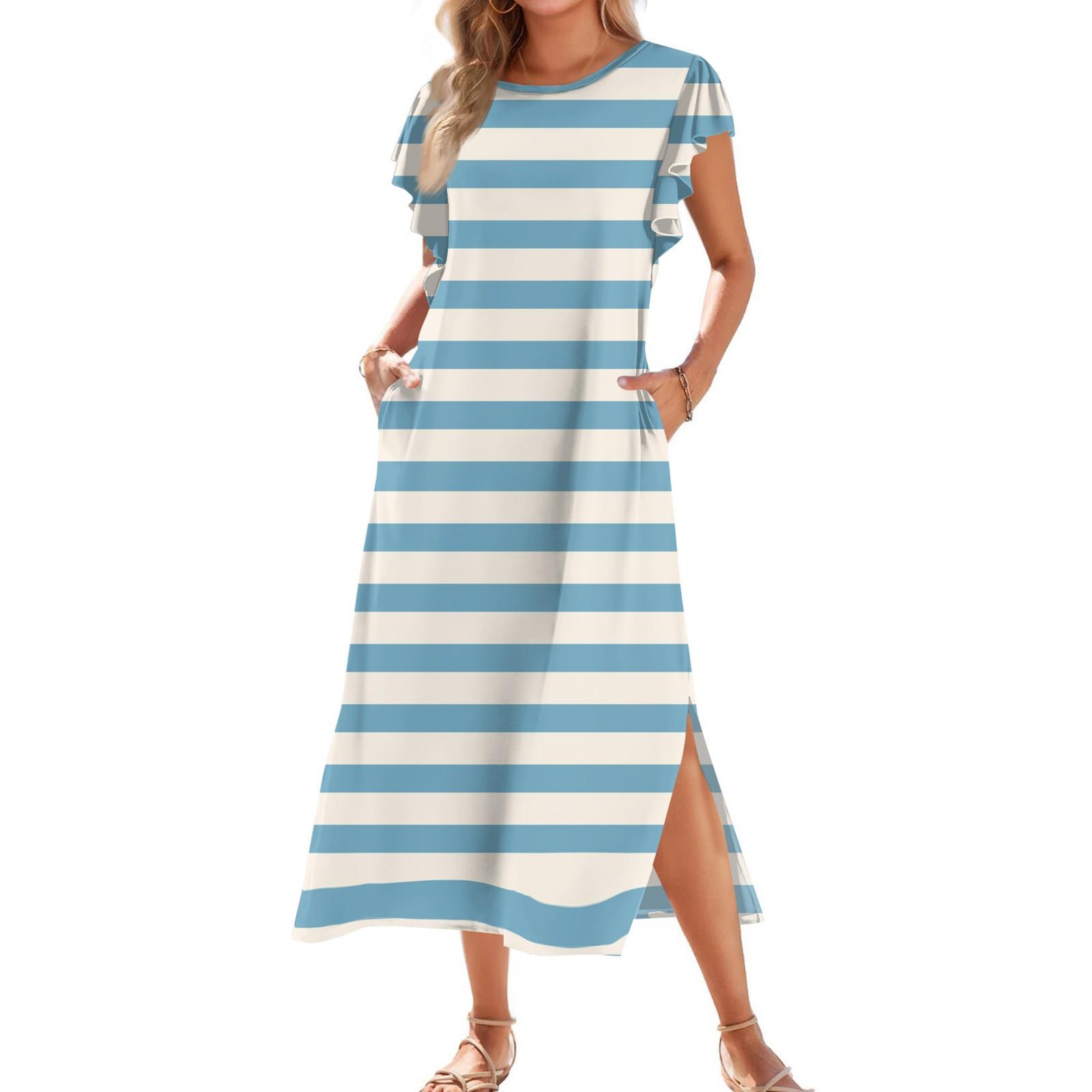 

Жіноча модна літня повсякденна пляжна сукня з плісованими рукавами, вільними смугастими принтами з короткими рукавами, круглою краваткою та кишенями S