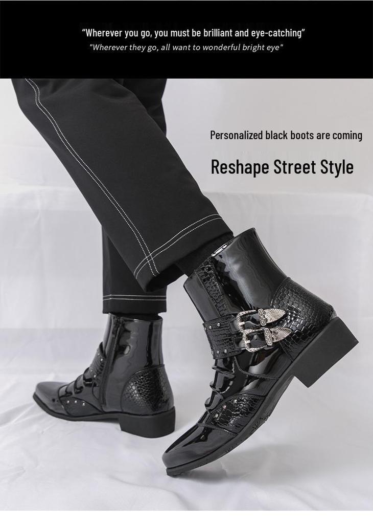 Men's Autumn Shiny Pointed Toe High-Top Chelsea Leather Boots - British Style, Formal or Casual.