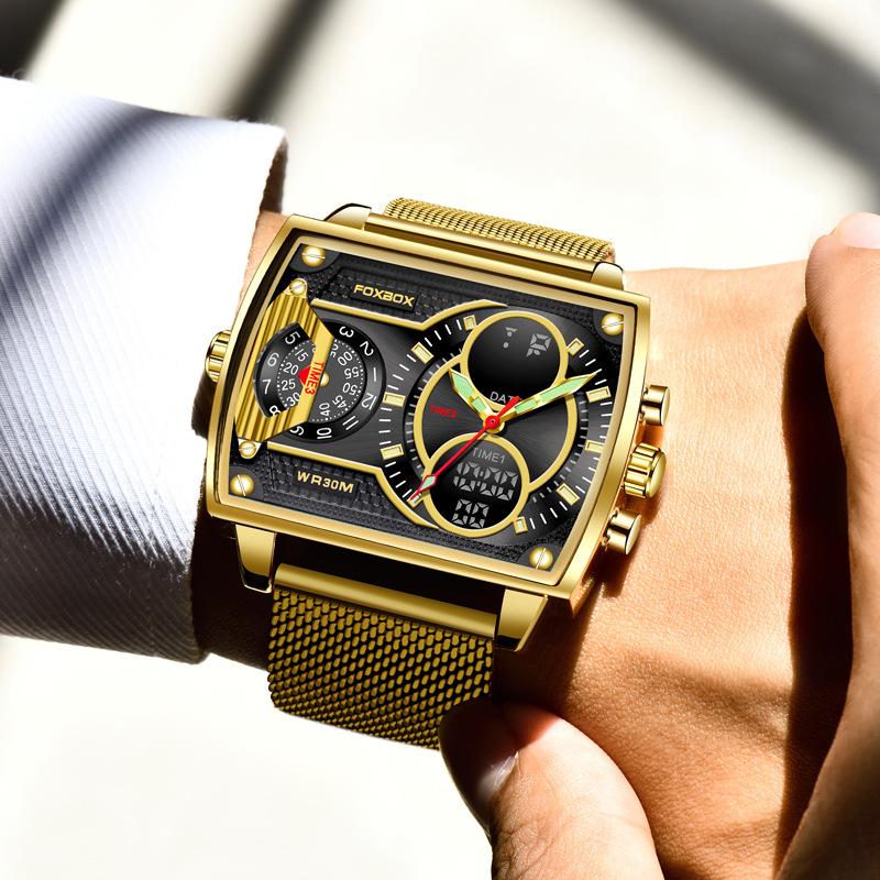 Men's Fashionable Square Dual Display Quartz Watch for Students with Large Dial