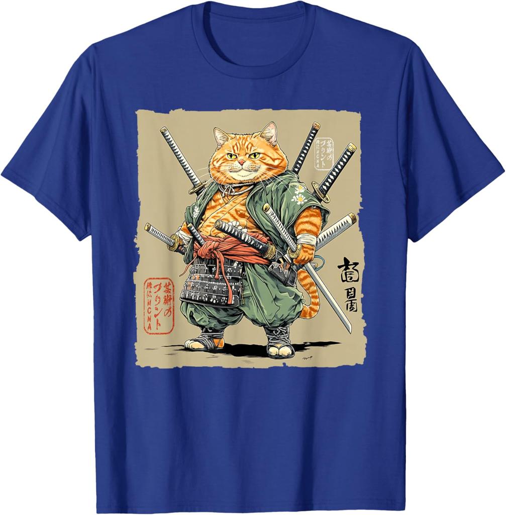 Samurai Cat Warrior Swords Graphic Tee Mens Cotton Casual TShirt