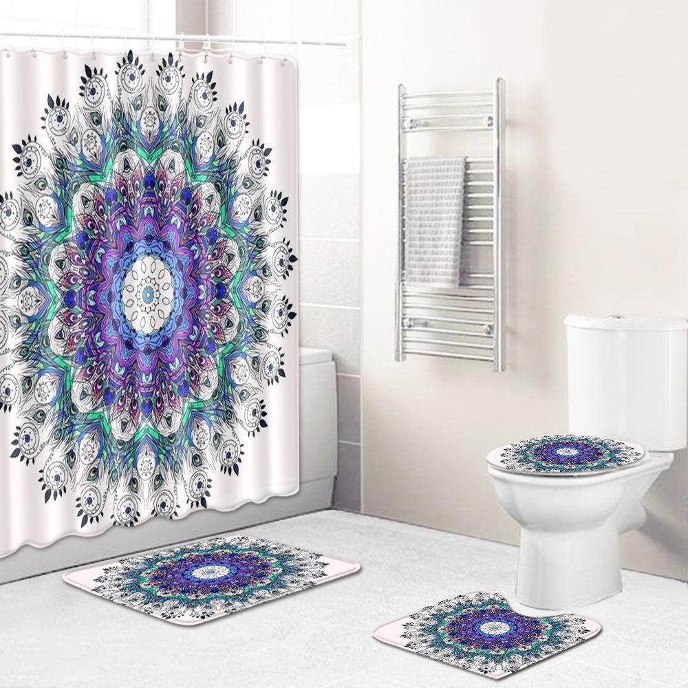 Retro Geometric Bathroom Four-Piece Waterproof Shower Curtain Bedroom Non-Slip Carpet Floor Mat Door Mat