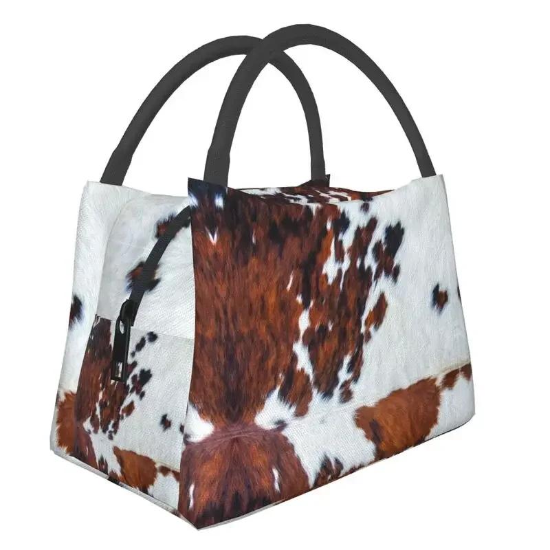 Scottish Highland Cow Cowhide Texture Thermal Insulated Lunch Bag Animal Hide Leather Lunch Container for Picnic Meal Food Box