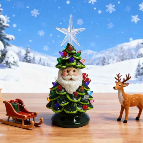 Brad de Crăciun Santa Luminat Decor 11 Inch Rășină Bătrân Brad de Crăciun Lumină cu Lumini Multicolorate Și Vârf Stea pentru Decor de Masă de Sărbători