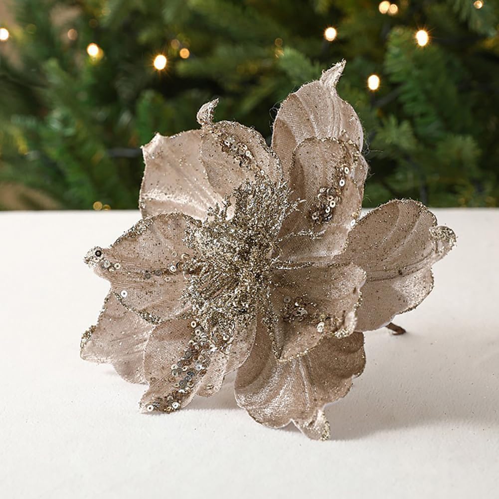 1 Pcs Poinsettia Artificial Flowers Christmas Tree Ornaments Velvet Glitter Magnolia Flowers for Xmas New Year Party Wedding Holiday DIY Decorations,