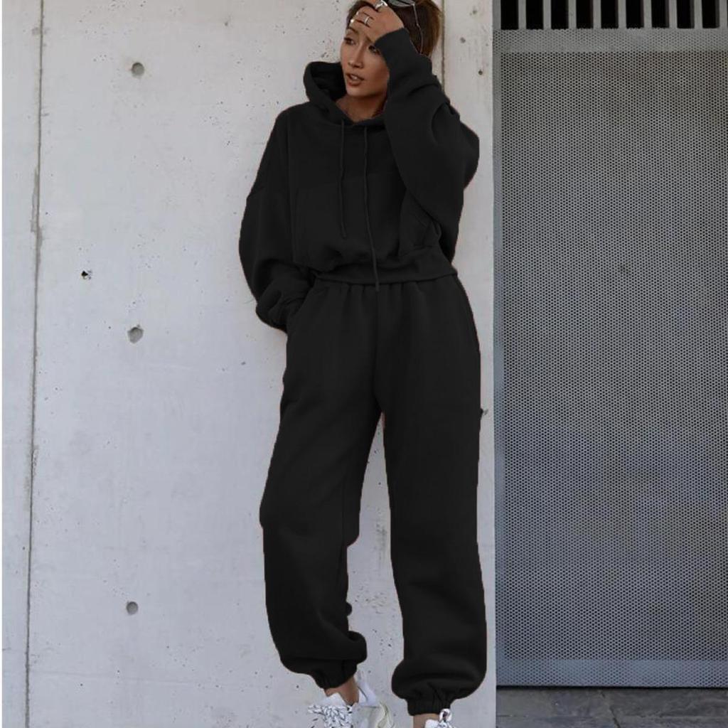 Women Solid Color Long Sleeve Hooded V Neck Hoodies Suit Autumn Winter Loose Top Wide Leg Pants