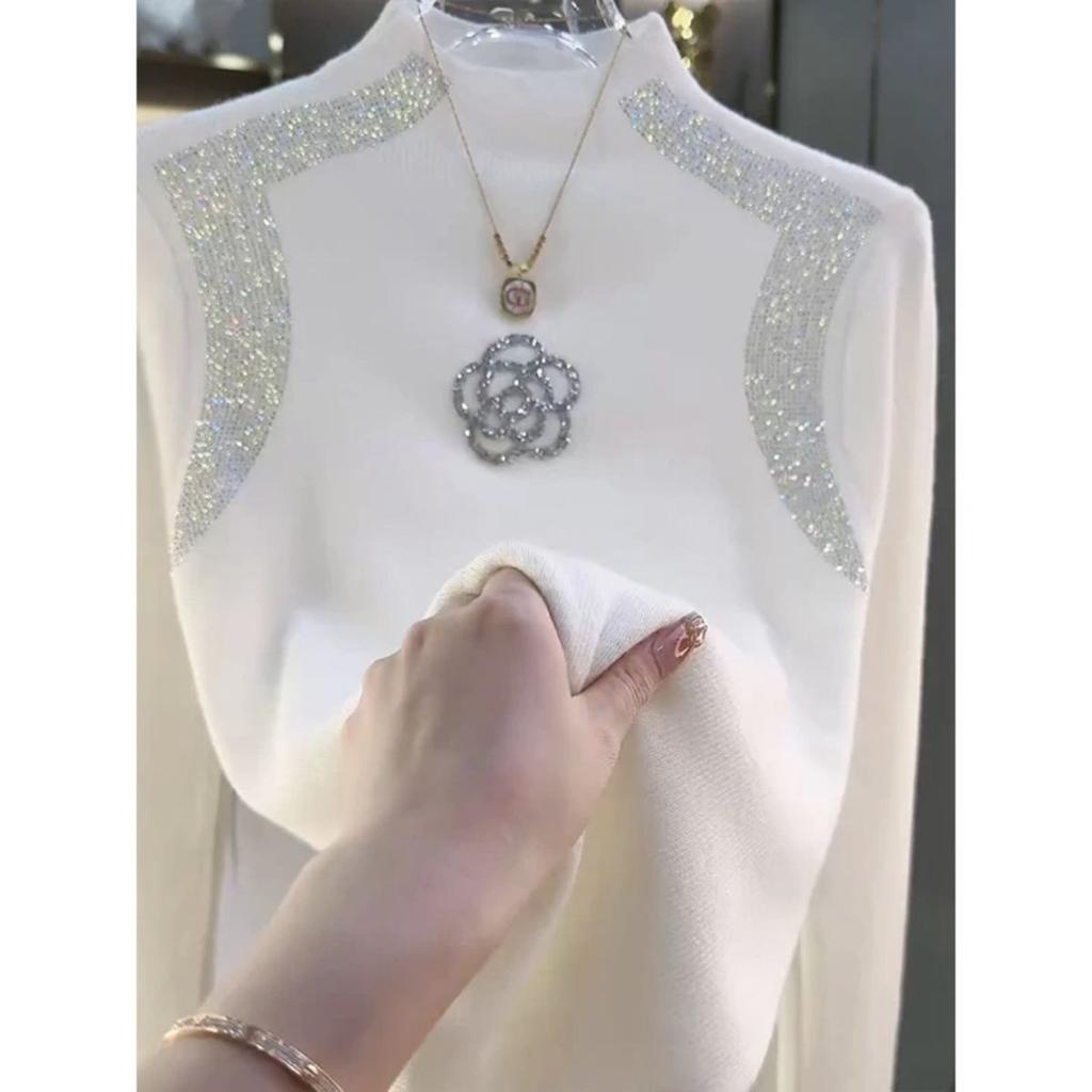 Women's Half Turtleneck Sweater with Rhinestones Solid Color Stretch Knit Pullover sweater Autumn Winter