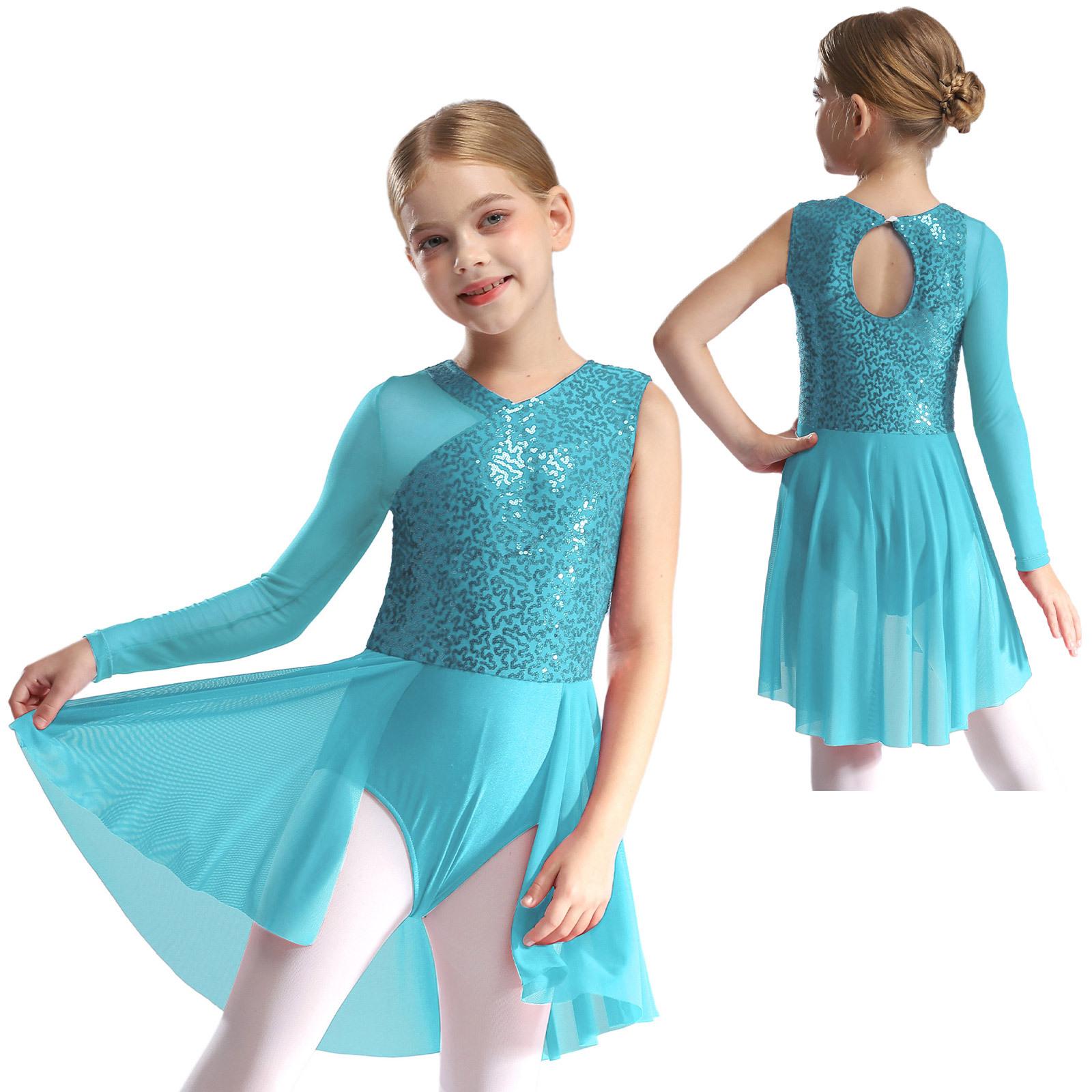 

Танцювальний одяг для дітей для дівчаток LJazz yrical Skating Dance Dress One Плече Асиметричний рукав Блискучі паєтки Купальник зі спідницею для балетних танців 7-8 Years світло-синій колір