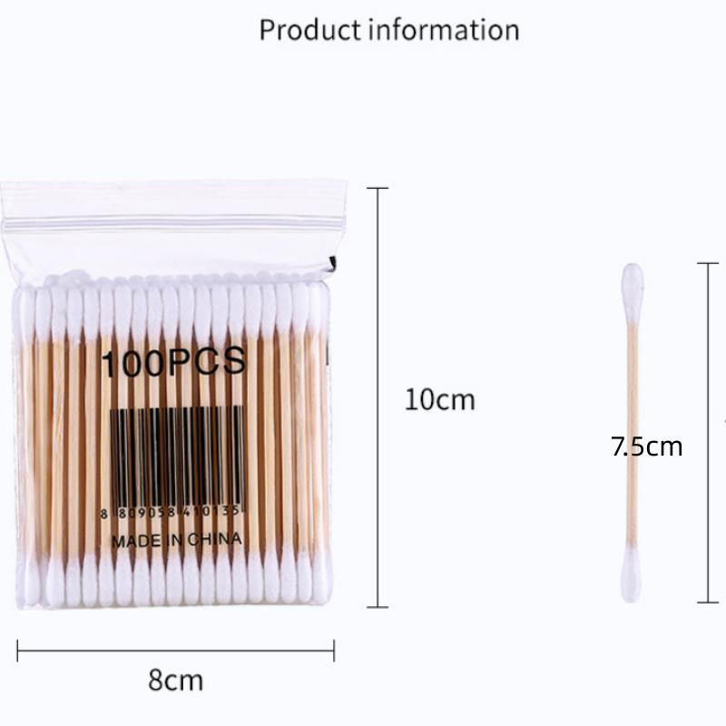 Double-ended 100-piece cotton swab, wooden stick, makeup cotton swab, cotton ear cleaner, makeup remover cotton swab, pointed tip
